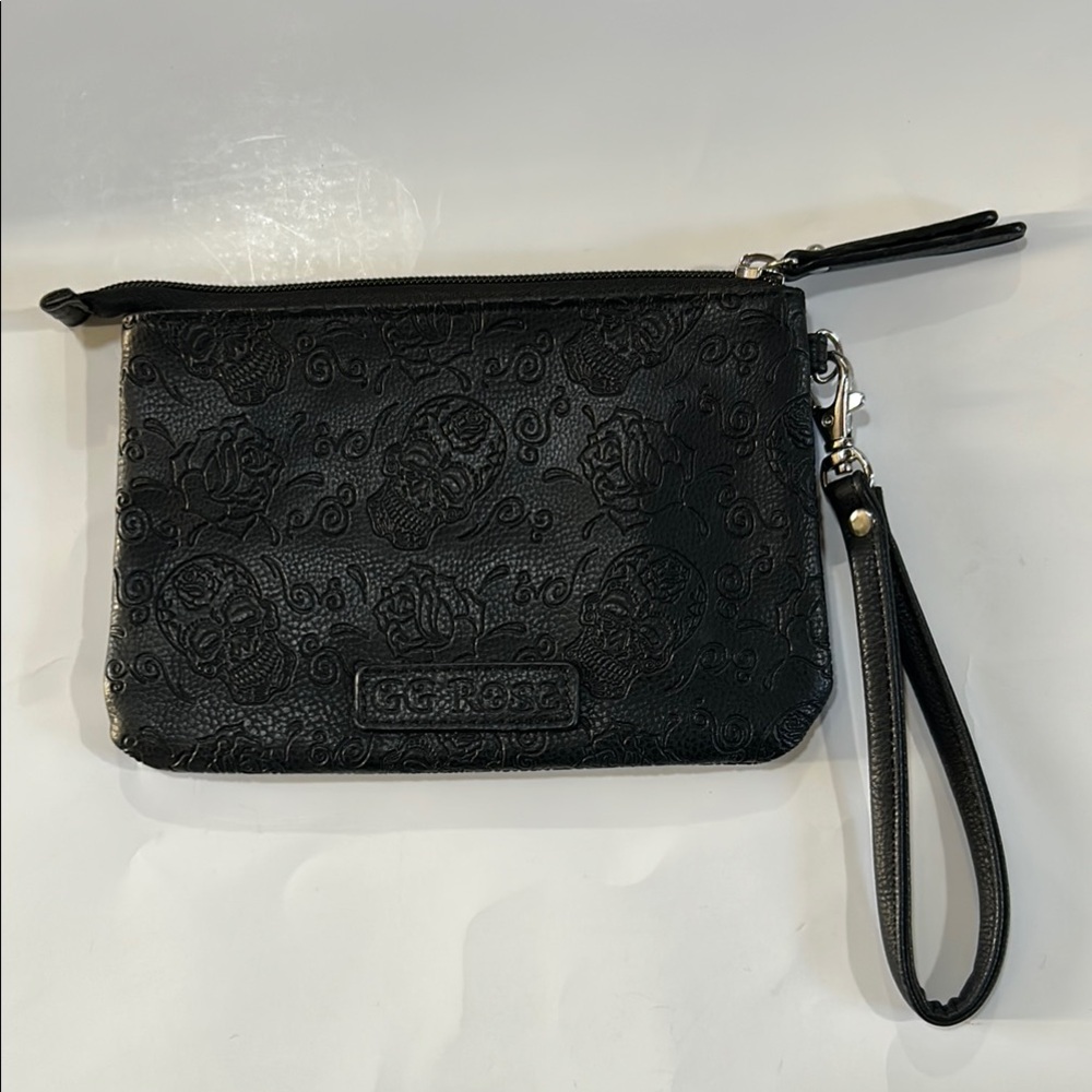GG Rose sugar skull embossed small wristlet.
